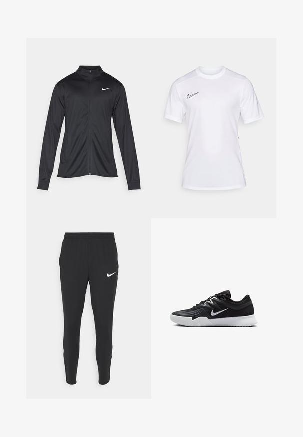 Melna sporta jaka ar garām piedurknēm, apkakli un pilnu rāvējslēdzēju. Uz kreisā krūts augšdaļas ir maigs Nike logo baltā krāsā. Gluda tekstūra.; Balta sporta T-krekls no viegla auduma, ar apaļu kakla izgriezumu, īsām piedurknēm un melnu Nike logotipu kreisajā augšējā stūrī.; Melni sporta bikses ar pieguļošu piegriezumu, elastīgu jostasvietu un baltu Nike logo uz kreisā augšstilba. Mīksta auduma ar gludu tekstūru.; Melni sporta apavi ar teksturētu virsu, balto Nike zulumu un balto gumijas zoli. Iezīmējas ar auklu pievilkšanas dizainu un dinamisku formu.