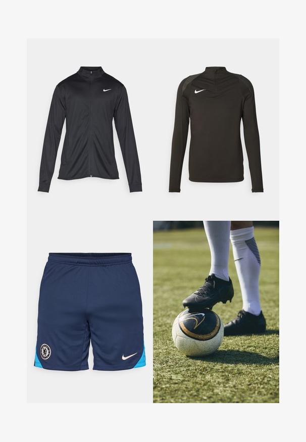 Schwarze Sportjacke mit langen Ärmeln, Kragen und voller Reißverschluss. Verfügt über ein dezentes Nike-Logo in Weiß auf der oberen linken Brust. Glatte Textur.; Schwarzes, langärmeliges Sportshirt mit hohem Kragen, Reißverschluss und grauen Schulterakzenten; verfügt über ein weißes Nike-Logo auf der Brust.; Dunkelblaue Sportshorts mit hellblauen Akzenten, elastischem Bund, atmungsaktivem Stoff, Chelsea FC-Logo und Nike-Swoosh in heller Farbe.; Schwarze Fußballschuhe auf einem weiß-schwarz gemusterten Fußball, der auf grünem Gras ruht. Der Schuh hat eine strukturierte Oberfläche und Schnürsenkel.