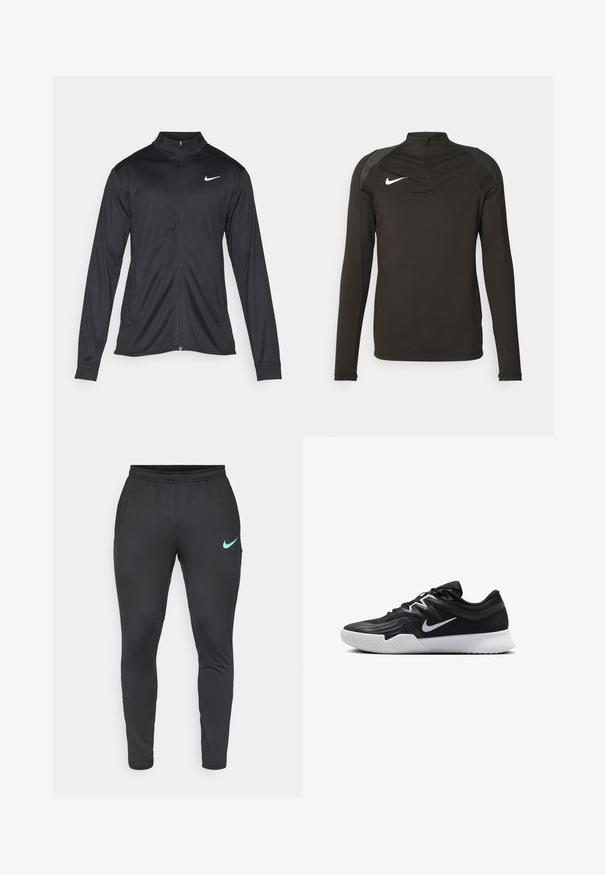 Czarna sportowa kurtka z długimi rękawami, kołnierzem i pełnym zamkiem. Posiada subtelne logo Nike w białym kolorze na lewej górnej części klatki piersiowej. Gładka tekstura.; Czarna, długoroszowa koszulka sportowa z wysokim kołnierzem, zamkiem przy szyi i szarymi akcentami na ramionach; posiada białe logo Nike na klatce piersiowej.; Czarne spodenki sportowe wykonane z elastycznego materiału, charakteryzujące się zwężanym krojem, elastycznym pasem i turkusowym logo Nike na lewym udzie.; Czarne buty sportowe z teksturowaną cholewką, białym logo Nike i białą gumową podeszwą. Charakteryzują się sznurowanym zapięciem i dynamicznym kształtem.