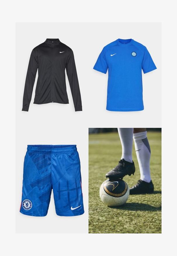 Sort atletisk jakke med lange ærmer, krave og fuld lynlås. Har et diskret Nike-logo i hvidt på den øverste venstre side af brystet. Glat tekstur.; Nike Performance INTER M TRAVEL TOP - Klub merchandise - lyon blue/sanddrift; Blå fodboldshorts lavet af letvægtsstof. Har et geometrisk mønster, elastisk talje og Chelsea FC-logo på venstre ben.; Sort fodboldstøvle på en hvid og sort mønstret fodbold, der hviler på grønt græs. Støvlen har struktureret materiale og snørebånd.