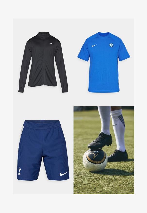 Schwarze Sportjacke mit langen Ärmeln, Kragen und voller Reißverschluss. Verfügt über ein dezentes Nike-Logo in Weiß auf der oberen linken Brust. Glatte Textur.; Nike Performance INTER M TRAVEL TOP - Vereinsmannschaften - lyon blue/sanddrift; Blaue Sportshorts mit vertikal gerippter Textur, elastischem Bund und weißem Nike-Logo am rechten Bein. Mit seitlichen Mesh-Einsätzen.; Schwarze Fußballschuhe auf einem weiß-schwarz gemusterten Fußball, der auf grünem Gras ruht. Der Schuh hat eine strukturierte Oberfläche und Schnürsenkel.