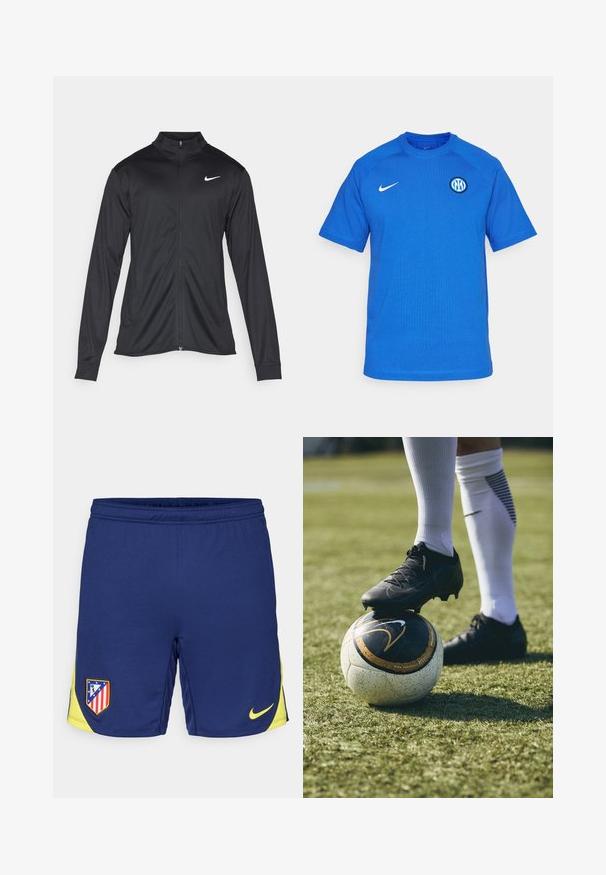 Sort atletisk jakke med lange ærmer, krave og fuld lynlås. Har et diskret Nike-logo i hvidt på den øverste venstre side af brystet. Glat tekstur.; Nike Performance INTER M TRAVEL TOP - Klub merchandise - lyon blue/sanddrift; Marineblå sportshorts med gule detaljer, der har et teamlogo-patch og et lille Nike-swoosh. Lavet af åndbart stof.; Sort fodboldstøvle på en hvid og sort mønstret fodbold, der hviler på grønt græs. Støvlen har struktureret materiale og snørebånd.