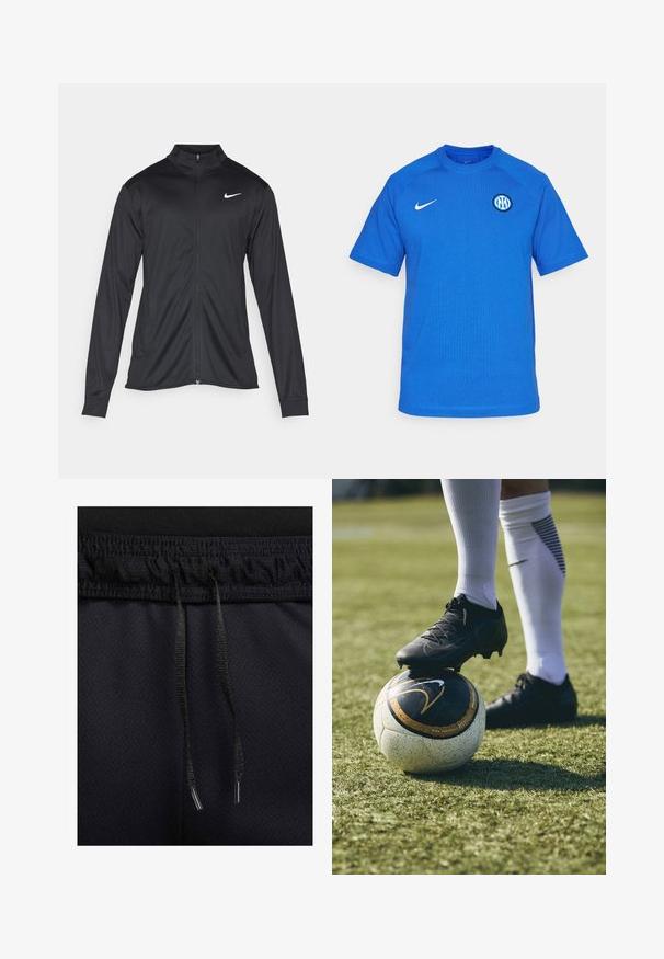 Sort atletisk jakke med lange ærmer, krave og fuld lynlås. Har et diskret Nike-logo i hvidt på den øverste venstre side af brystet. Glat tekstur.; Nike Performance INTER M TRAVEL TOP - Klub merchandise - lyon blue/sanddrift; Sorte sportsshorts med struktureret stof, elastisk talje og snørrebånd. Detaljer inkluderer sort snor med metal spidser.; Sort fodboldstøvle på en hvid og sort mønstret fodbold, der hviler på grønt græs. Støvlen har struktureret materiale og snørebånd.