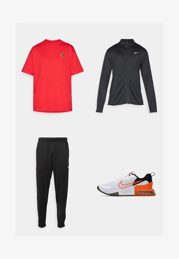 Melna sporta jaka ar garām piedurknēm, apkakli un pilnu rāvējslēdzēju. Uz kreisā krūts augšdaļas ir maigs Nike logo baltā krāsā. Gluda tekstūra.; Sarkana kokvilnas T-kreklā ar apaļu kakla izgriezumu, īsām piedurknēm un nelielu logo uzšuvumu ar daudzkrāsainu dizainu kreisajā krūtī.; Melnas sporta bikses, kas izgatavotas no gludas auduma, ar elastīgu jostu, sašaurinošām kājām un mazu balto logo kreisajā pusē.; Balti sporta apavi ar teksturētu sieta augšējo daļu, melniem un oranžiem akcentiem, biezu gumijas zoli un caurspīdīgu gaisa spilvenu daļu pie papēža.