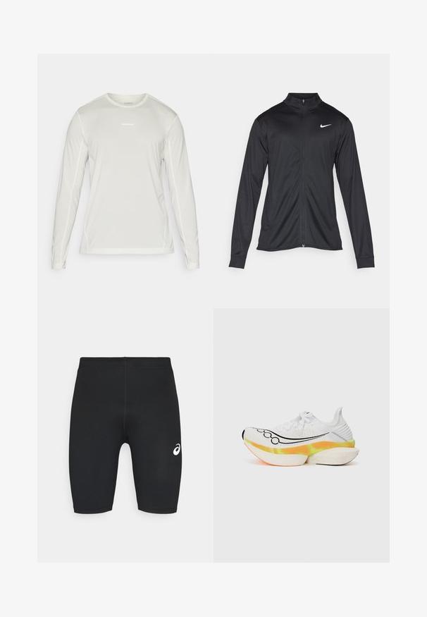 Zwarte sportjack met lange mouwen, kraag en volle rits. Voorzien van een subtiele Nike-logo in het wit op de bovenste linkerborst. Soepele textuur.; Salomon SHKOUT CORE TEE - Longsleeve - icicle; Zwarte sportshorts met een gladde textuur, slim fit design en een wit logo aan de linkerzijde. Geen zichtbare zakken of hardwaredetails.; Witte hardloopschoen met een gestructureerde mesh bovenkant, zwart swoosh ontwerp en een kleurrijke, gelaagde zool met oranje en gele accenten.
