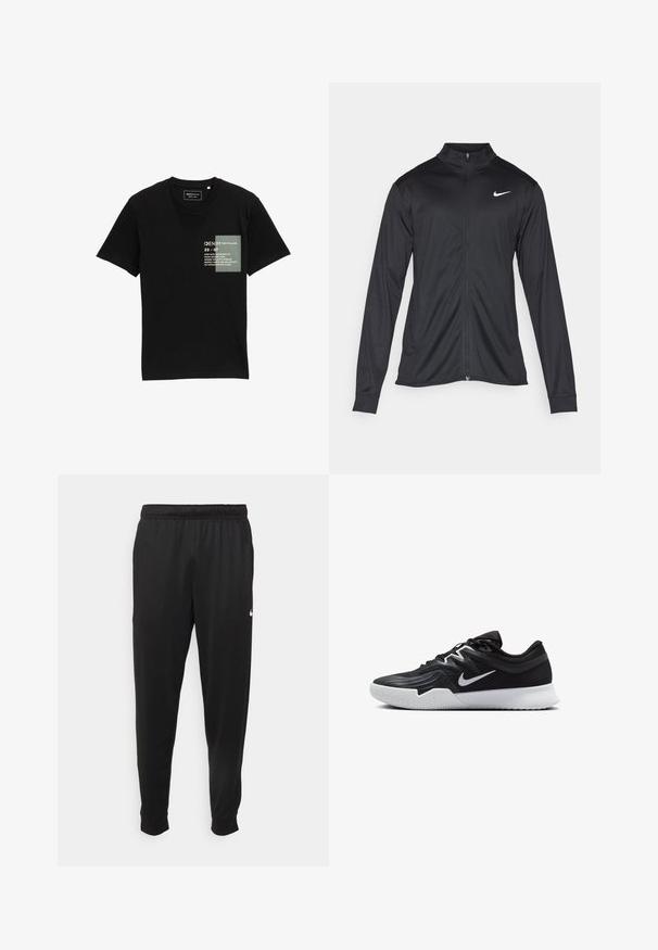 Melna sporta jaka ar garām piedurknēm, apkakli un pilnu rāvējslēdzēju. Uz kreisā krūts augšdaļas ir maigs Nike logo baltā krāsā. Gluda tekstūra.; Melnas kokvilnas T-krekls ar apaļu dekoltē, īsām piedurknēm un uz priekšu drukātu taisnstūra grafiku ar tekstu un rakstiem.; Melnas sporta bikses, kas izgatavotas no gludas auduma, ar elastīgu jostu, sašaurinošām kājām un mazu balto logo kreisajā pusē.; Melni sporta apavi ar teksturētu virsu, balto Nike zulumu un balto gumijas zoli. Iezīmējas ar auklu pievilkšanas dizainu un dinamisku formu.