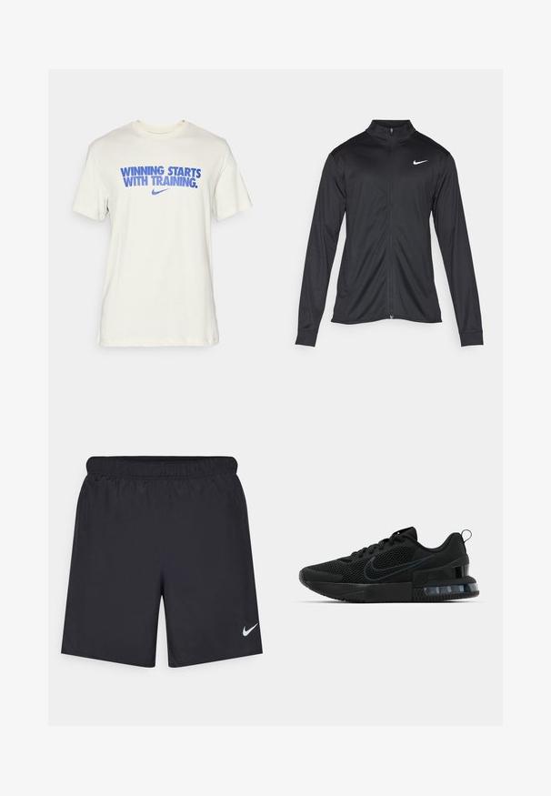 Black athletic jacket with long sleeves, collar, and full zipper. Features a subtle Nike logo in white on the upper left chest. Smooth texture.; Cream-colored cotton t-shirt featuring blue text that reads "WINNING STARTS WITH TRAINING" and a Nike swoosh logo below.; Black athletic shorts made of lightweight material with an elastic waistband. Features a small white Nike logo on the lower left side.; Black Nike sneakers featuring a mesh upper, textured sole, and a visible air unit in the heel. Accents and logo in a darker shade of black.