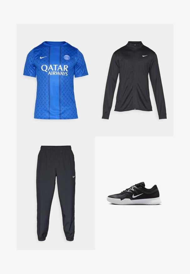 Giacca sportiva nera con maniche lunghe, colletto e zip completa. Presenta un logo Nike in bianco sulla parte superiore del lato sinistro del petto. Tessuto morbido.; Maglia blu realizzata in tessuto testurizzato con un motivo a diamante, logo Nike e "QATAR AIRWAYS" stampato in modo prominente sul davanti.; Pantaloni da jogging neri realizzati in tessuto leggero con cintura elastica, polsini alla caviglia e un logo Nike discreto sul lato sinistro.; Scarpa sportiva nera con tomaia testurizzata, logo Nike swoosh bianco e suola in gomma bianca. Presenta un design con lacci e una forma dinamica.
