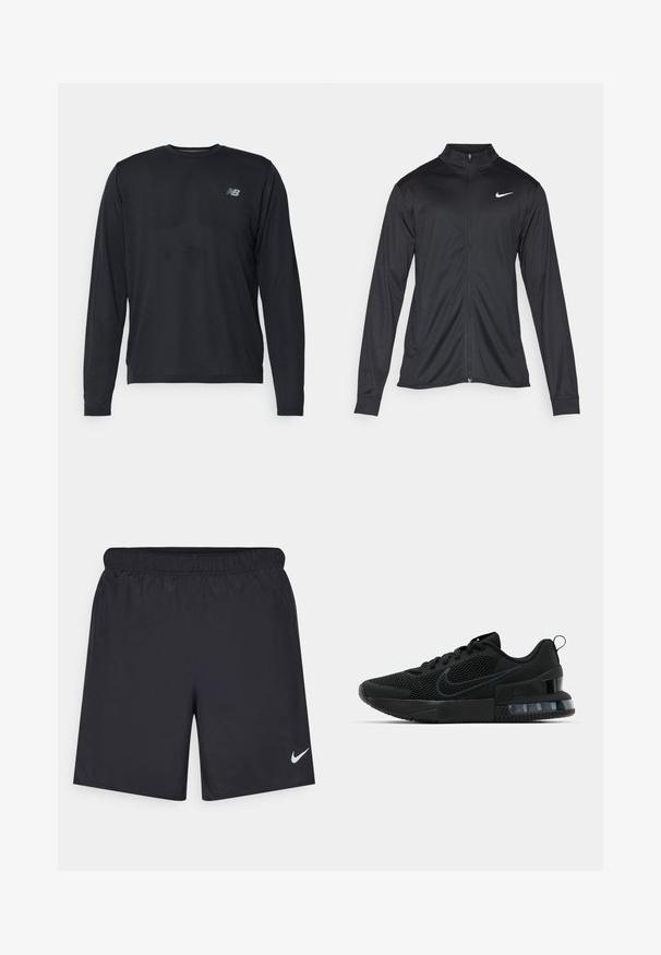 Fekete sportdzseki hosszú ujjal, gallérral és teljes cipzárral. Diszkrét fehér Nike logóval az upper bal mellen. Sima textúra.; Fekete, hosszú ujjú sportpóló, texturált anyagból, finom perforációkkal. Kicsi, fényvisszaverő logóval rendelkezik a bal mellen.; Fekete sportnadrág könnyű anyagból, rugalmas derékkal. A bal alsó oldalon egy kis fehér Nike-logó található.; Fekete Nike sportcipő, hálós felsőrésszel, gumitalppal, párnázott nyakkal és jellegzetes átlátszó sarokbetéttel.
