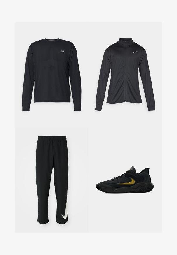 Melna sporta jaka ar garām piedurknēm, apkakli un pilnu rāvējslēdzēju. Uz kreisā krūts augšdaļas ir maigs Nike logo baltā krāsā. Gluda tekstūra.; Melnas ilgas piedurknes sporta krekls ar teksturētu audumu un nelieliem perforējumiem. Iekļauj nelielu atstarojošu logo kreisajā krūtī.; Melni sporta bikses ar elastīgu jostasvīru, ar sašaurinātu dizainu, kurām uz kreisā kājas gabala ir liels balts Nike logo. Mīksts, viegls audums.; Melna un tumši pelēka sporta apavu pāris ar melnām auklām un zelta Swoosh logo, ar viļņotu zolītes dizainu un polsterētu papēdi.