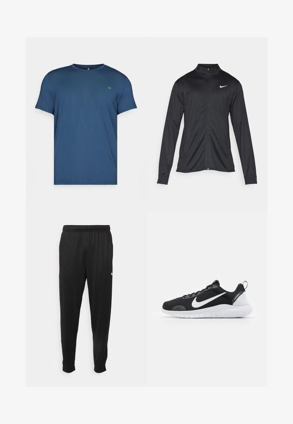 Sort atletisk jakke med lange ærmer, krave og fuld lynlås. Har et diskret Nike-logo i hvidt på den øverste venstre side af brystet. Glat tekstur.; Blå kortærmet t-shirt lavet af blødt stof. Har en rund halsudskæring og et lille grønt logo på venstre bryst. Glat tekstur, afslappet pasform.; Sorte atletiske bukser lavet af glat stof, med elastisk talje, smalnende ben og et lille hvidt logo på venstre side.; Sort atletiksko med mesh-overdel, hvidt Nike-swoosh-logo, teksturerede detaljer og hvid gummisål. Har en trakktab ved hælen.