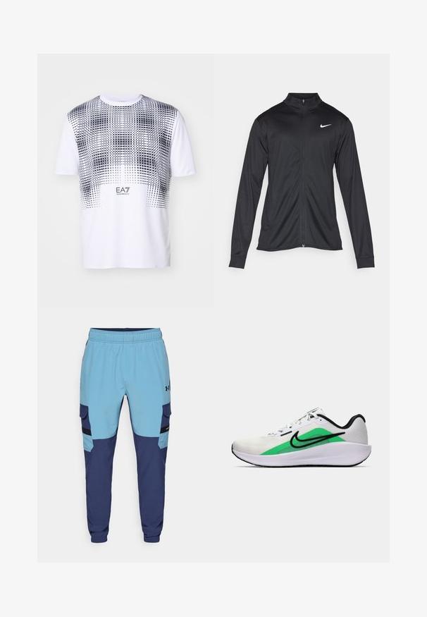 Melna sporta jaka ar garām piedurknēm, apkakli un pilnu rāvējslēdzēju. Uz kreisā krūts augšdaļas ir maigs Nike logo baltā krāsā. Gluda tekstūra.; Balts īsām piedurknēm t-krekls ar melnu pikselizētu acs rakstu augšējā daļā un EA7 logo apakšējā centrā.; Zili un tumši zili sporta bikses ar elastīgu jostu, sānu kabatām un cargo stila akcentiem. Izgatavotas no mīksta, elpojoša auduma.; Balta sporta apava ar zaļu akcentu, melnu logo, sietiņu augšu, mīkstu zoli un noapaļotu papēdi. Iekļauj lences un kontrastējošas detaļas.