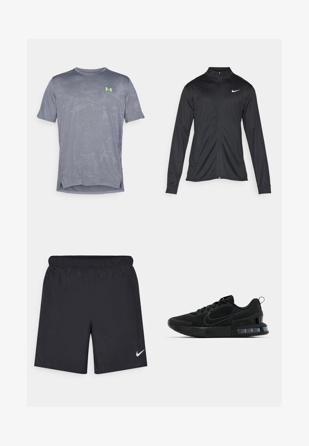 Jacket desportivo preto com mangas longas, colarinho e fecho zip completo. Apresenta um discreto logotipo da Nike em branco na parte superior do lado esquerdo do peito. Textura suave.; Under Armour VENT - T-shirt desportiva - castlerock/hyper green; Calças de desporto pretas feitas de material leve com uma cintura elástica. Apresenta um pequeno logótipo branco da Nike no canto inferior esquerdo.; Tênis esportivo Nike preto com parte superior em malha, sola de borracha, colarinho acolchoado e um distinto detalhe transparente no calcanhar.