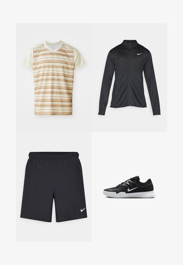 Črna atletska jakna z dolgimi rokavi, ovratnikom in polnim zadrgo. Vključuje diskreten bel Nike logotip na zgornjem levem delu prsnega koša. Gladka tekstura.; Tan in krem kratka majica s kratkimi rokavi Nike z vodoravnimi črtami, okroglim izrezom in minimalističnim logotipom na prsih. Gladka tekstura tkanine.; Črne atletske kratke hlače iz lahkotnega materiala z elastičnim pasom. Imajo majhen bel Nike logo na spodnji levi strani.; Črne atletske čevlje z teksturirano zgornjico, belim Nike znakom in belim gumijastim zunanjim podplatom. Imajo vezalni dizajn in dinamično obliko.