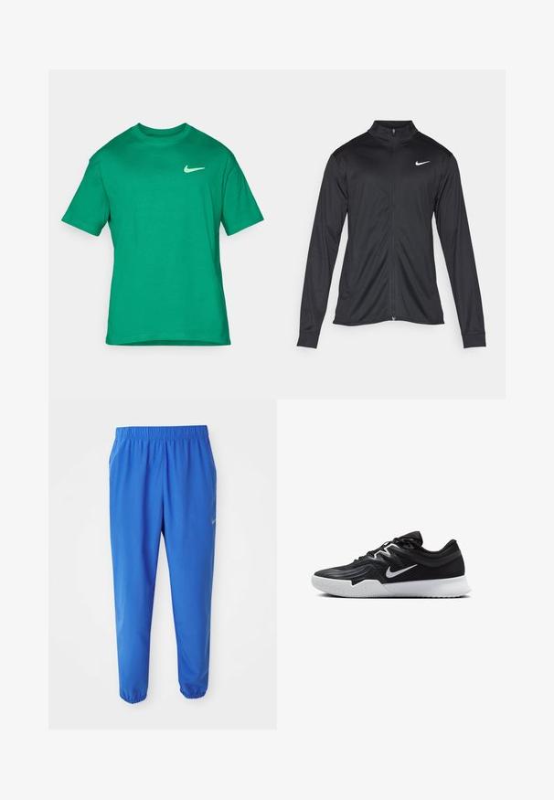Svart idrottsjacka med långa ärmar, krage och full dragkedja. Har en diskret Nike-logga i vitt på övre vänstra bröstet. Slät yta.; Grön bomulls-t-shirt med rund halsringning, kort ärm och en liten vit Nike-logga på vänster bröst. Slät textur, standard passform.; Blå träningbyxor med elastisk midja, raka ben och avsmalnade mudd. Har Nike-logotyp i guld på vänster sida.; Svarta träningsskor med en texturerad ovandel, vit Nike-logga och en vit gummisula. Har snörningsdesign och en dynamisk form.