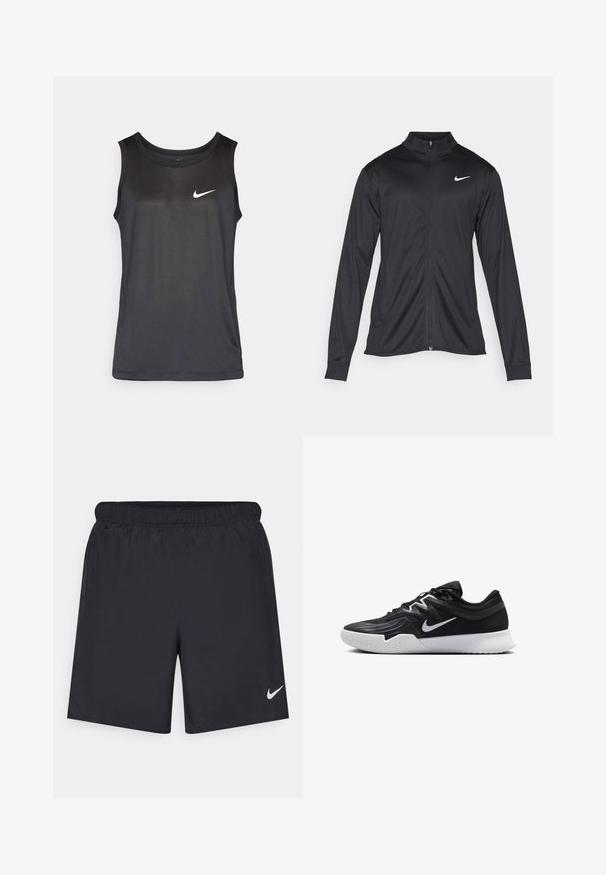 Must värvi sportlik jakk pikkade varrukatega, krae ja täispikk tõmblukk. Ülemises vasakus rinnas on diskreetne valge Nike logo. Sile tekstuur.; Musthave spordiline must tops, ümmarguse kaeluse, varrukateta disainiga ja väikese valge Nike logoga esiplaanil. Valmistatud kergetest materjalidest.; Mustad mustikud lühikesed püksid, mis on valmistatud kergest materjalist ja millel on elastne vöökoht. Alumisel vasakul küljel on väike valge Nike logo.; Must mustad jalanikesad rikaste ülaservaga, valge Nike swoosh'i ja valge kummist välispõhjaga. Omab paeltega sulgemisdetaili ja dünaamilist kuju.