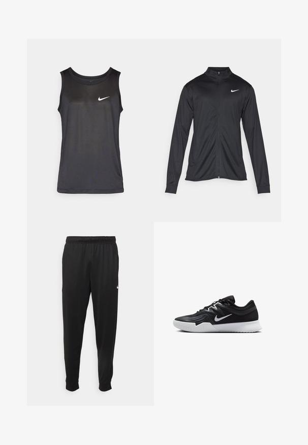 Black athletic jacket with long sleeves, collar, and full zipper. Features a subtle Nike logo in white on the upper left chest. Smooth texture.; Black athletic tank top featuring a round neckline, sleeveless design, and a small white Nike logo on the front. Made of lightweight fabric.; Black athletic pants made of smooth fabric, featuring an elastic waistband, tapered legs, and a small white logo on the left side.; Black athletic shoe with a textured upper, white Nike swoosh, and a white rubber outsole. Features a lace-up design and dynamic shape.