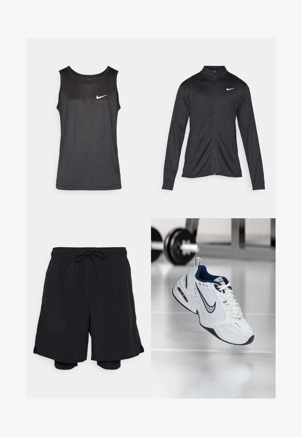 Juodas sportinis švarkas su ilgomis rankovėmis, apykakle ir pilnu užtrauktuku. Yra subtilus baltas Nike logotipas kairėje krūtinės pusėje. Lygus tekstūra.; Juodas sportinis marškinėlis be rankovių, su apvaliu kaklu ir mažuoju baltu Nike logo priekyje. Pagamintas iš lengvos medžiagos.; Juodi sportiniai šortai, pagaminti iš lengvos medžiagos, su elastinga juosmens juosta su raišteliu ir prigludusiais vidiniais šortais.; Balti sportiniai batai su tamsiai mėlynu akcentu, akių ir odos viršumi, sustiprinta nosimi ir juodu guminiu padu. Yra išskirtinė Nike ženklinimo funkcija.
