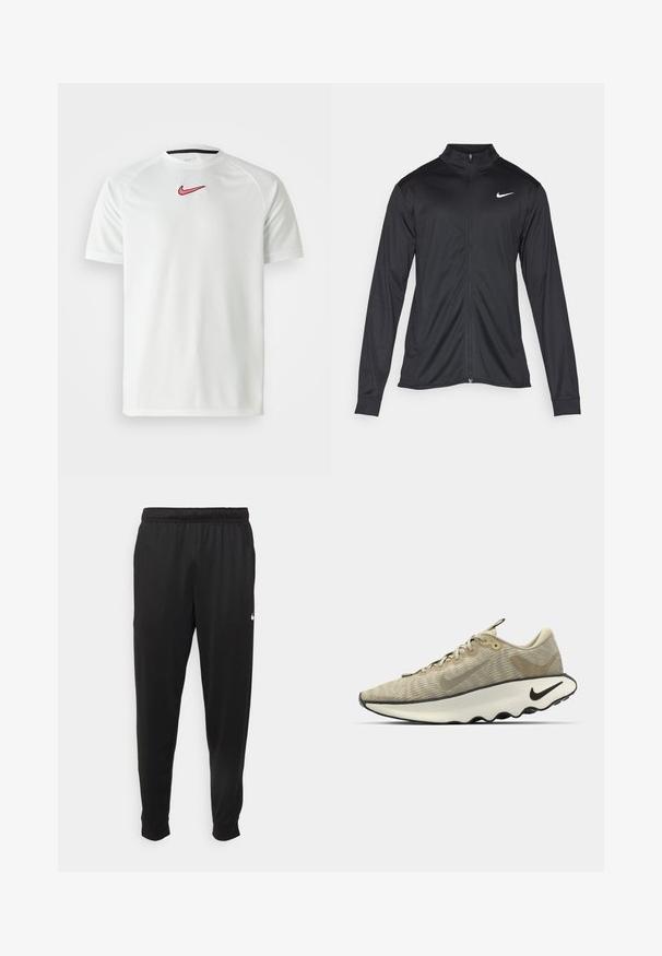 Must värvi sportlik jakk pikkade varrukatega, krae ja täispikk tõmblukk. Ülemises vasakus rinnas on diskreetne valge Nike logo. Sile tekstuur.; Valge lühikeste varrukatega Nike T-särk roosa swooshi logoga rinnal. Omab ümmargust kaela ja sujuvat, kerget kangast.; Mustad mustekad athletic-püksid sujuvast kangast, elastse vöökoha, kitsenevate jalgade ja väikese valge logoga vasakul küljel.; Beež treeningjalanõud tekstuurse võrgu ülaküljega, kõver valge vaheosa, must tallaga ja diskreetse kamuflaažimustriga. Omab paelu ja silmuseid.