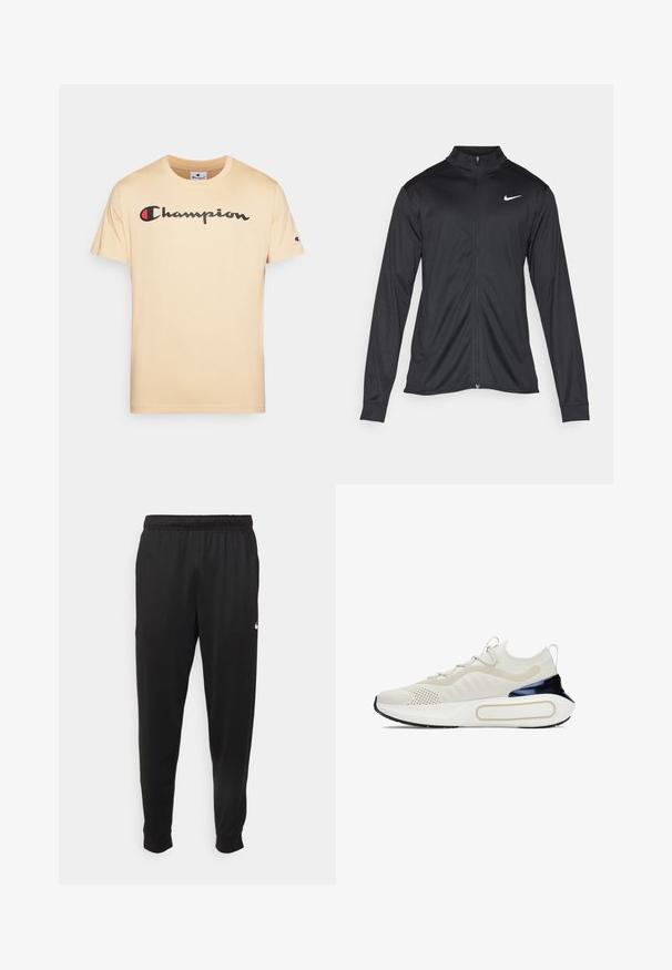 Must värvi sportlik jakk pikkade varrukatega, krae ja täispikk tõmblukk. Ülemises vasakus rinnas on diskreetne valge Nike logo. Sile tekstuur.; Beige puuvillane T-särk lühikeste varrukatega, millel on must ja punane "Champion" logo rindkere kohal ning väike logo varruka peal.; Mustad mustekad athletic-püksid sujuvast kangast, elastse vöökoha, kitsenevate jalgade ja väikese valge logoga vasakul küljel.; Valge treeningjalanõud tekstureeritud kudumise pealsega, perforatsioonide detailidega ja läikiva navy aktsendiga kandadel. Omab pehmet valget tallat.