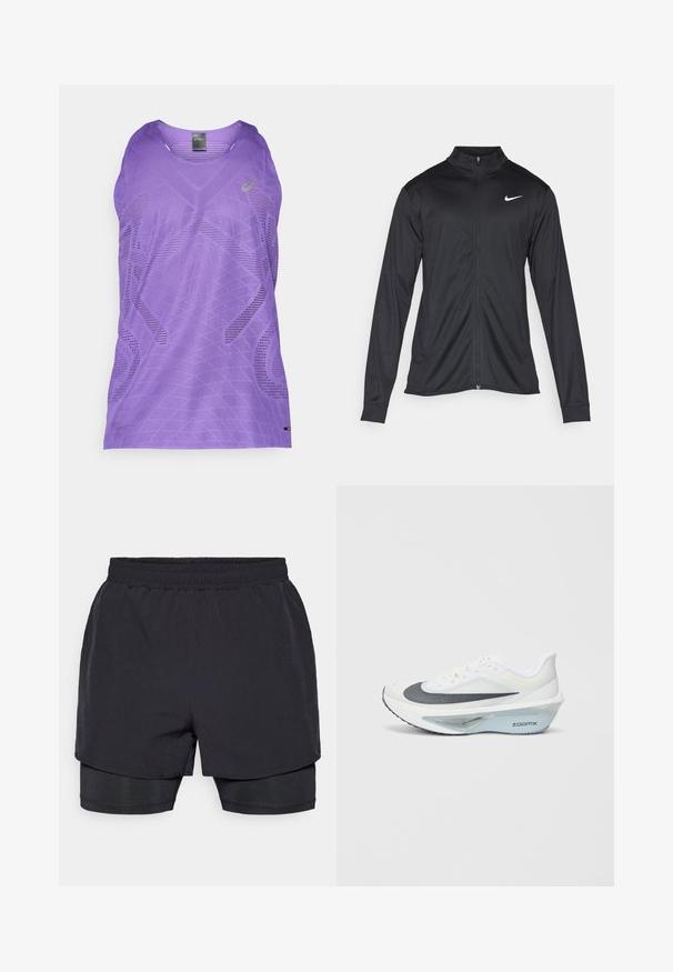 Schwarze Sportjacke mit langen Ärmeln, Kragen und voller Reißverschluss. Verfügt über ein dezentes Nike-Logo in Weiß auf der oberen linken Brust. Glatte Textur.; Lila Sporttanktop mit geometrischem Muster, V-Ausschnitt und atmungsaktivem Netzgewebe. Enthält ein kleines Logo auf der Vorderseite.; Schwarze Sportshorts mit elastischem Bund, geschichtetem Design und passendem Innenfutter. Glatte Textur, für Komfort ausgelegt.; Weißer Sportschuh mit einem grauen Mesh-Obermaterial, einer blauen ZoomX-Schaumzwischensohle und einer gewölbten Außensohle für verbesserte Antrieb und Komfort.