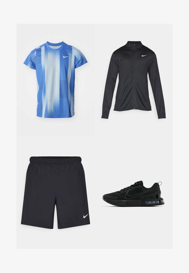 Jacket desportivo preto com mangas longas, colarinho e fecho zip completo. Apresenta um discreto logotipo da Nike em branco na parte superior do lado esquerdo do peito. Textura suave.; T-shirt de manga curta da Nike em tons de azul degradê, com um padrão de grelha e design de gola circular. Feito de tecido leve e respirável.; Calças de desporto pretas feitas de material leve com uma cintura elástica. Apresenta um pequeno logótipo branco da Nike no canto inferior esquerdo.; Tênis esportivo Nike preto com parte superior em malha, sola de borracha, colarinho acolchoado e um distinto detalhe transparente no calcanhar.