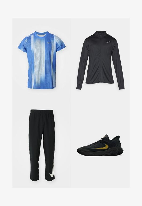 Fekete sportdzseki hosszú ujjal, gallérral és teljes cipzárral. Diszkrét fehér Nike logóval az upper bal mellen. Sima textúra.; Nike rövid ujjú póló átmeneti kék árnyalatokban, négyzethálós mintával és kerek nyakkivágással. Könnyű, lélegző anyagból készült.; Fekete sportnadrág rugalmas derékpánttal, szűkített kialakítással, az előtérben egy nagy fehér Nike logóval a bal lábon. Puha, könnyű anyag.; Fekete és sötétszürke sportcipő fekete fűzővel és arany swoosh logóval, hullámos talpformával és párnázott sarokpánttal.