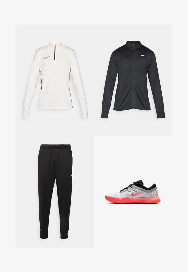 Czarna sportowa kurtka z długimi rękawami, kołnierzem i pełnym zamkiem. Posiada subtelne logo Nike w białym kolorze na lewej górnej części klatki piersiowej. Gładka tekstura.; Biała sportowa bluzka z długim rękawem z kwaterowym zamkiem, czarnymi akcentami po bokach oraz czerwonym logo Nike na lewej piersi.; Czarne sportowe spodnie wykonane z gładkiego materiału, z elastycznym pasem, zwężanymi nogawkami i małym białym logo po lewej stronie.; Białe i czarne buty sportowe z jaskrawopomarańczową podeszwą oraz logo Nike, niski krój i teksturowany uchwyt na przedniej części podeszwy.
