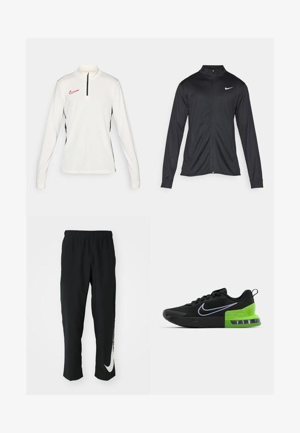 Black athletic jacket with long sleeves, collar, and full zipper. Features a subtle Nike logo in white on the upper left chest. Smooth texture.; White long-sleeve athletic top featuring a quarter-zip neck, black accents on the sides, and a red Nike logo on the left chest.; Black athletic pants with elastic waistband, tapering design, featuring a large white Nike logo on the left leg. Soft, lightweight fabric.; Black athletic shoe with mesh upper, featuring a green and black sole with air cushioning, and a white Nike swoosh logo.