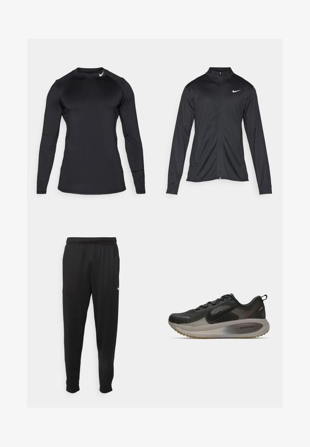 Juodas sportinis švarkas su ilgomis rankovėmis, apykakle ir pilnu užtrauktuku. Yra subtilus baltas Nike logotipas kairėje krūtinės pusėje. Lygus tekstūra.; Juodas ilgomis rankovėmis sportinis marškinėliai, pagaminti iš lygaus, elastingo audinio, su apykakle ir diskretišku logotipu viršutiniame kairiajame kampe.; Juodi sportiniai kelnės, pagamintos iš lygaus audinio, turinčios elastinę juosmenį, siaurėjantys sijonai ir mažas baltas logotipas kairėje pusėje.; Juoda bėgimo bateliai su tinklinio audinio viršumi, atspindinčiais akcentais ir ZoomX amortizacija. Turi tekstūruotą pado dizainą, užtikrinantį sukibimą. Sumažinta forma.