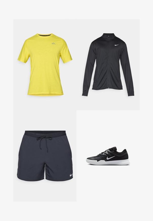 Jacket desportivo preto com mangas longas, colarinho e fecho zip completo. Apresenta um discreto logotipo da Nike em branco na parte superior do lado esquerdo do peito. Textura suave.; T-shirt atlético amarelo de manga curta, feito de tecido leve, com decote redondo e pequeno logótipo azul no peito.; Calções de corrida Nike, cinza escuro, cintura elástica com cordão, bolsos laterais, tecido leve, apresentando um logo Nike branco na parte inferior da bainha.; Sapatilha atlética preta com um cabedal texturizado, swoosh branco da Nike e uma sola de borracha branca. Apresenta um design com atacadores e uma forma dinâmica.