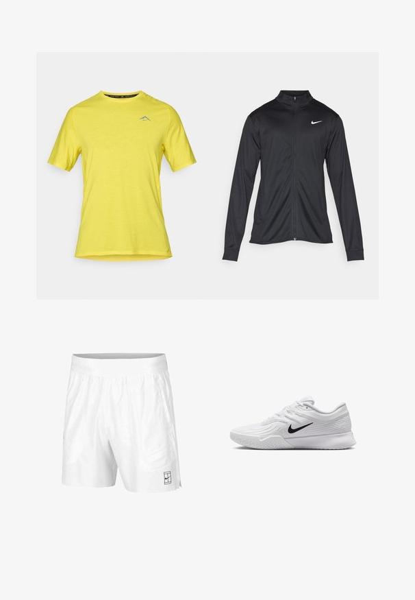 Čierna športová bunda s dlhými rukávmi, golierom a plným zipsom. Obsahuje nenápadné logo Nike v bielej farbe na hornej ľavej hrudi. Hladká textúra.; Žlté športové tričko s krátkym rukávom vyrobené z ľahkého materiálu, s okrúhlym výstrihom a malým modrým logom na hrudi.; Biele športové šortky z ľahkej tkaniny s elastickým pásom, obsahujúce dve bočné vrecká a malé čierne logo na leme.; Biele športové topánky s textúrovaným sieťovaným zvrškom, čiernym logom Nike, polstrovaným golierom a gumovou podrážkou so vzorom dezénu.