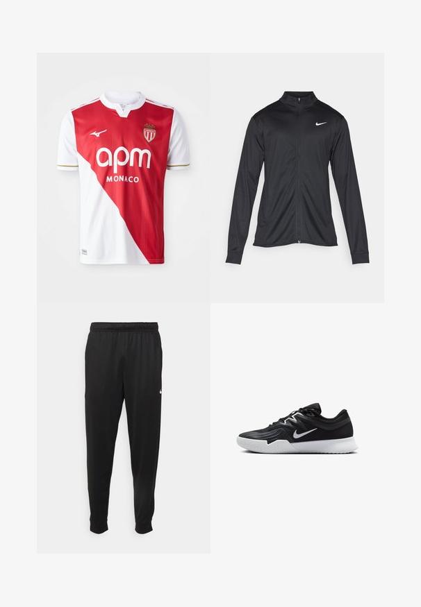 Giacca sportiva nera con maniche lunghe, colletto e zip completa. Presenta un logo Nike in bianco sulla parte superiore del lato sinistro del petto. Tessuto morbido.; Maglietta da calcio a maniche corte rossa e bianca con un blocco di colore diagonale, accenti dorati, logo del marchio e stemma. Tessuto leggero e traspirante.; Pantaloni sportivi neri realizzati in tessuto liscio, con una vita elastica, gambe affusolate e un piccolo logo bianco sul lato sinistro.; Scarpa sportiva nera con tomaia testurizzata, logo Nike swoosh bianco e suola in gomma bianca. Presenta un design con lacci e una forma dinamica.