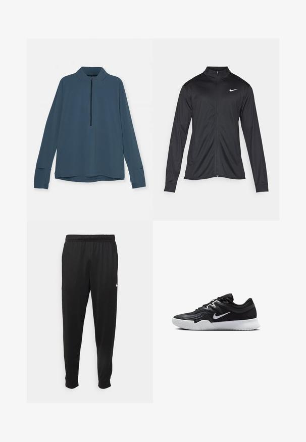 Melna sporta jaka ar garām piedurknēm, apkakli un pilnu rāvējslēdzēju. Uz kreisā krūts augšdaļas ir maigs Nike logo baltā krāsā. Gluda tekstūra.; Tumši zilas krāsas garām piedurknēm pulovers, ar rāvējslēdzēja apkakli, raglāna piedurknēm un šķēlumiem pie aprocēm. Gluda, viegla tekstūra.; Melnas sporta bikses, kas izgatavotas no gludas auduma, ar elastīgu jostu, sašaurinošām kājām un mazu balto logo kreisajā pusē.; Melni sporta apavi ar teksturētu virsu, balto Nike zulumu un balto gumijas zoli. Iezīmējas ar auklu pievilkšanas dizainu un dinamisku formu.