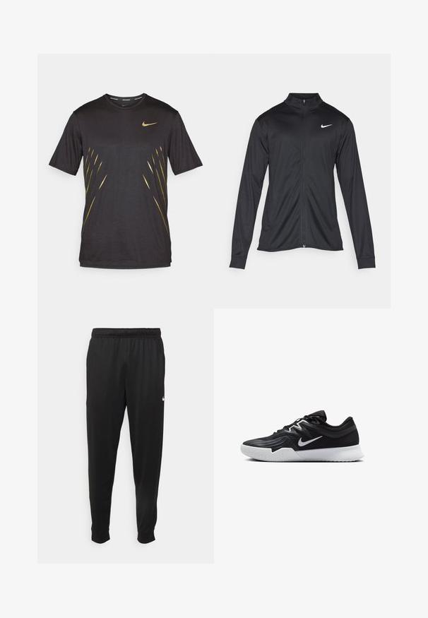Černá sportovní bunda s dlouhými rukávy, límcem a plným zipem. Má decentní bílou logo značky Nike na horní levé části hrudi. Hladká textura.; Černé sportovní tričko s krátkým rukávem, zlatý emblém Nike, s designem zlatých pruhů na přední straně. Měkká a lehká tkanina.; Černé sportovní kalhoty vyrobené z hladké tkaniny, s elastickým pasem, zúženými nohavicemi a malým bílým logem na levé straně.; Černá atletická bota s texturovaným svrškem, bílým logem Nike a bílou gumovou podrážkou. Disponuje šněrovacím designem a dynamickým tvarem.