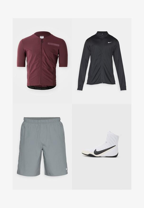 Črna atletska jakna z dolgimi rokavi, ovratnikom in polnim zadrgo. Vključuje diskreten bel Nike logotip na zgornjem levem delu prsnega koša. Gladka tekstura.; Kratka kolesarska majica s kratkimi rokavi v globoki burgundski barvi, s krožnim zadrgo, teksturirano tkanino in kontrastnim črnim pasom z besedilom "PREMIO EVO" na robu.; Sivi atletski šortsi z elastičnim pasom, stranskimi žepi in majhnim belim logotipom na spodnjem desnem delu. Gladka tekstura.; Nike atletski čevelj v beli barvi z črnim logotipom. Ima visoko zasnovo, teksturirano površino in trpežen gumijast podplat.
