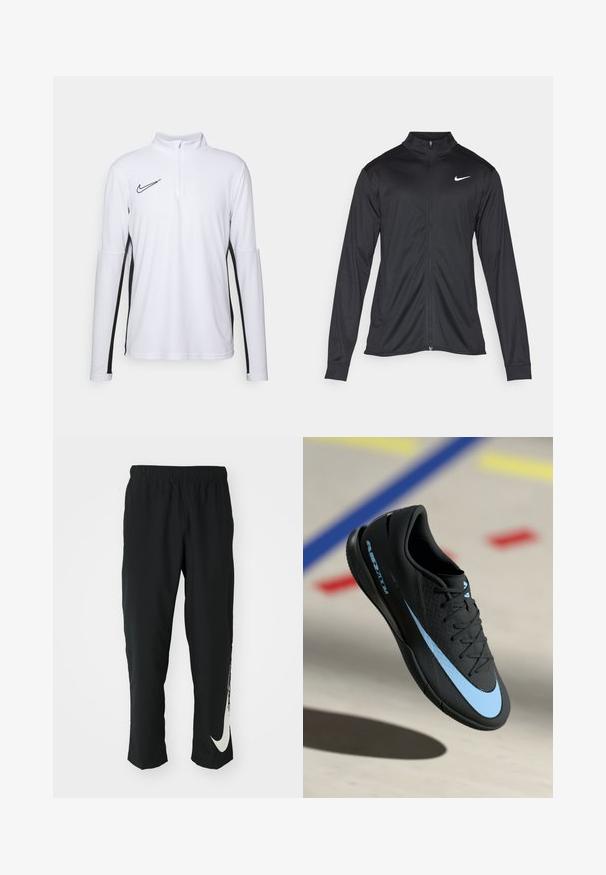 Black athletic jacket with long sleeves, collar, and full zipper. Features a subtle Nike logo in white on the upper left chest. Smooth texture.; White long-sleeve top featuring a half-zip collar, black side panels, and a small black Nike logo on the chest. Smooth, lightweight fabric.; Black athletic pants with elastic waistband, tapering design, featuring a large white Nike logo on the left leg. Soft, lightweight fabric.; Black athletic shoe with blue accents, textured surface, lace-up design, and distinctive Nike logo. Rubber sole with grip patterns.