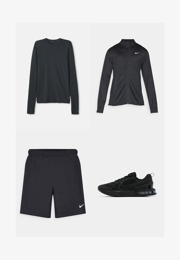 Schwarze Sportjacke mit langen Ärmeln, Kragen und voller Reißverschluss. Verfügt über ein dezentes Nike-Logo in Weiß auf der oberen linken Brust. Glatte Textur.; Langärmliges Sportshirt aus dunkelgrauem Stoff. Mit Rundhalsausschnitt, einem dezenten strukturierten Muster und hellblauen Akzenten an den Schultern.; Schwarze sportliche Shorts aus leichtem Material mit einem elastischen Bund. Auf der unteren linken Seite befindet sich ein kleines weißes Nike-Logo.; Schwarzer Nike Sportschuh mit einem Mesh-Obermaterial, gummierter Sohle, gepolstertem Kragen und einem auffälligen transparenten Fersenakzent.