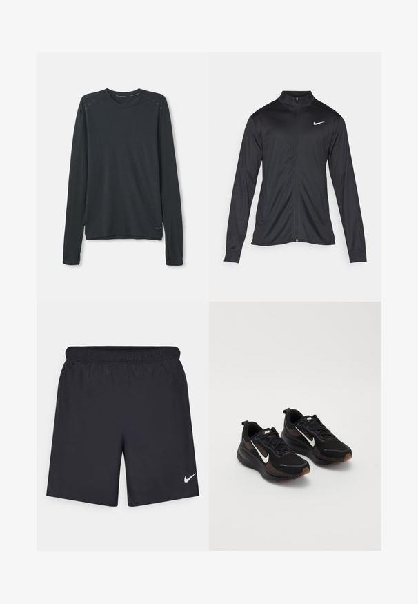 Jachetă sportivă neagră cu mâneci lungi, guler și fermoar complet. Prezintă un logo Nike subtil, alb, pe pieptul din stânga sus. Textură netedă.; Cămașă sport cu mânecă lungă din țesătură gri închis. Prezintă un decolteu rotund, un model texturat subtil și detalii accent albastru deschis pe umeri.; Pantaloni scurți atletici negri, fabricați dintr-un material ușor, cu un talie elastică. Au un mic logo alb Nike în partea stângă jos.; Adidași negri din material athletic cu un exterior din plasă respirabilă, swoosh alb Nike, talpă texturată și accente contrastante în nuanțe de maro. Include călcâi întărit.