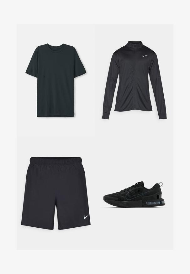 Must värvi sportlik jakk pikkade varrukatega, krae ja täispikk tõmblukk. Ülemises vasakus rinnas on diskreetne valge Nike logo. Sile tekstuur.; Tumehall lühikeste varrukatega T-särk, mis on valmistatud pehmest kangast ja millel on ümmargune kaelus ning diskreetsed horisontaalsed lõike-detailid külgedel.; Mustad mustikud lühikesed püksid, mis on valmistatud kergest materjalist ja millel on elastne vöökoht. Alumisel vasakul küljel on väike valge Nike logo.; Must must Ameerika must must must must must must must