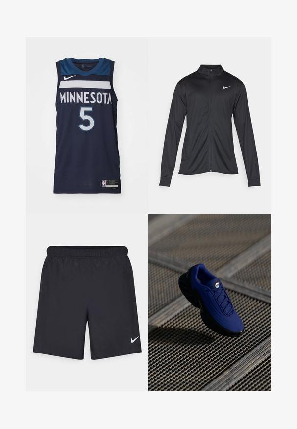 Must värvi sportlik jakk pikkade varrukatega, krae ja täispikk tõmblukk. Ülemises vasakus rinnas on diskreetne valge Nike logo. Sile tekstuur.; Nike Performance MINNESOTA TIMBERWOLVES ANTHONY EDWARDS - Klubiriided - college navy; Mustad mustikud lühikesed püksid, mis on valmistatud kergest materjalist ja millel on elastne vöökoht. Alumisel vasakul küljel on väike valge Nike logo.; Sinine sportlik king, millel on tekstuuriga pealisosa, must talla ja paelad. Omab "air" brändingut keeles ning nähtavaid õhu-väljakutse elemente.