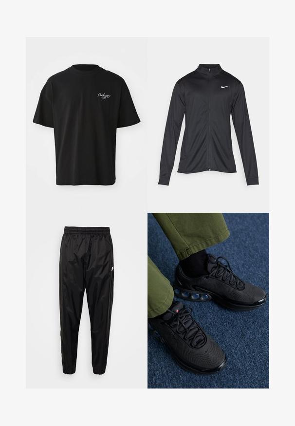 Veste de sport noire à manches longues, avec col et fermeture éclair intégrale. Présente un logo Nike subtil en blanc sur le côté supérieur gauche de la poitrine. Texture lisse.; T-shirt en coton noir à manches courtes, col rond, avec un logo brodé blanc sur la poitrine gauche. Coupe стандарт, texture lisse.; Pantalons de survêtement noirs en matériau léger et brillant, avec une taille élastique, une coupe fuselée et des poches zippées. Présente un accent logo.; Baskets de sport noires avec une tige en mesh, surface texturée et coussins d'air visibles. Associées à un pantalon vert olive et des chaussettes noires.
