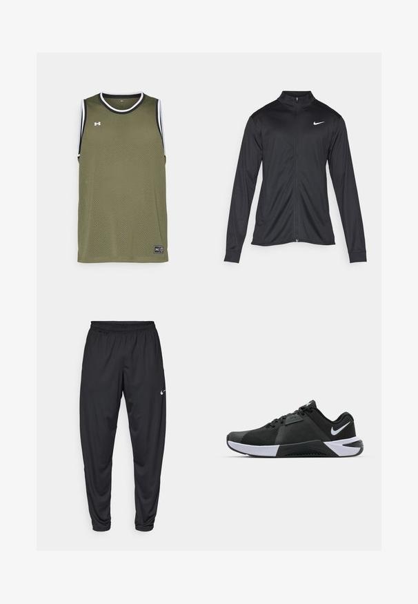 Svart idrettsjakke med lange ermer, krage og full glidelås. Har en subtil Nike-logo i hvitt på øvre venstre bryst. Glatt tekstur.; Oliven grønn mesh ermeløs jersey med svart og hvit kant, med en logoetikett ved kanten og pustende stoff for komfort.; Svarte treningbukser med elastisk midje, avsmalnende ben og en liten hvit Nike-logo på venstre lår. Glatt stoff, ingen mønstre.; Nike Performance METCON 10 - Treningssko - black/white/anthracite