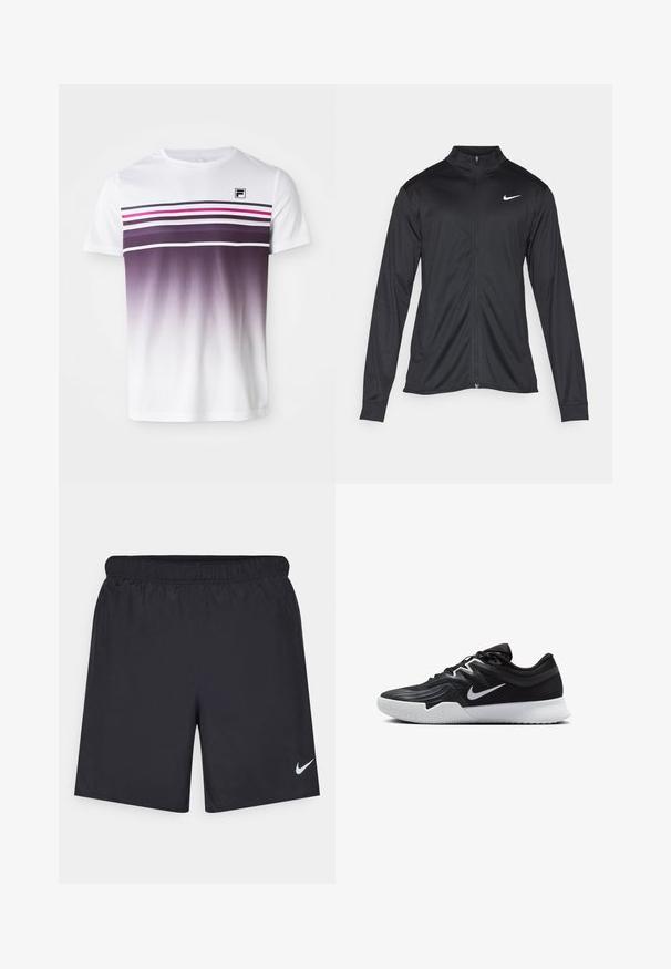 Černá sportovní bunda s dlouhými rukávy, límcem a plným zipem. Má decentní bílou logo značky Nike na horní levé části hrudi. Hladká textura.; Bílý tričko s krátkým rukávem, které má vodorovné purpurové a růžové pruhy, s degradací od tmavě purpurové po bílé, logo F na levé horní straně.; Černé sportovní šortky vyrobené z lehkého materiálu s elastickým pasem. Na spodní levé straně mají malé bílé logo Nike.; Černá atletická bota s texturovaným svrškem, bílým logem Nike a bílou gumovou podrážkou. Disponuje šněrovacím designem a dynamickým tvarem.