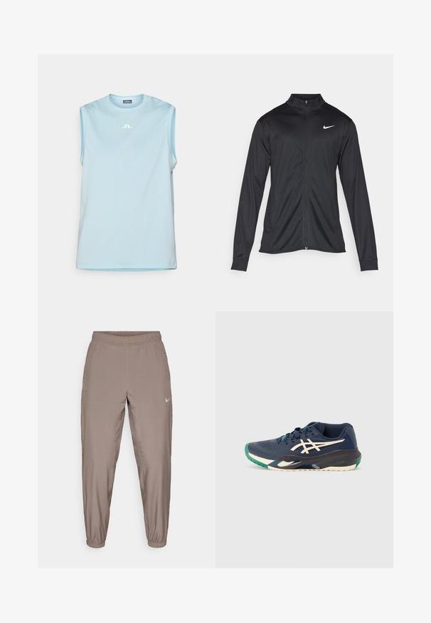Juodas sportinis švarkas su ilgomis rankovėmis, apykakle ir pilnu užtrauktuku. Yra subtilus baltas Nike logotipas kairėje krūtinės pusėje. Lygus tekstūra.; Šviesiai mėlyna be rankovių sportinė marškinė, pagaminta iš lygios, lengvos medžiagos, su apvaliu kaklu ir mažuoju baltu logotipu krūtinėje.; Nike sportiniai kelnės šviesiai rudos spalvos, su elastingu juosmeniu, siaurėjančiomis kojomis ir šoninėmis kišenėmis. Lygus, lengvas audinys.; Jūriniai sportiniai batai su tinkleliu, baltu logotipu, žaliu akcentu ant piršto ir daugi spalviu padu. Sumažintas dizainas su tekstūruota paviršiumi.