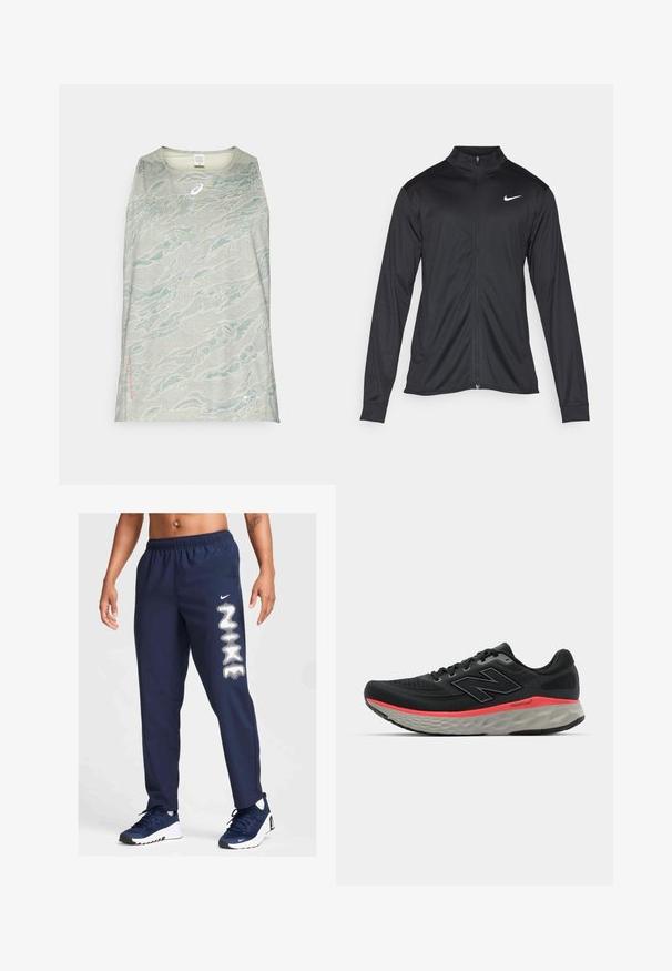 Crna sportska jakna s dugim rukavima, ovratnikom i punim patentnim zatvaračem. Ima suptilan Nike logo u bijeloj boji na gornjem lijevom dijelu prsne oznake. Glatka tekstura.; Svijetlosivi sanslijevi sportski top s valovitim uzorkom u nijansama plave i zelene boje, s malim logotipom i oznakom na rubu.; Mornarske sportske hlače s elastičnom strukom, bočnim džepovima i bijelim Nike logotipom na lijevoj nozi. Pogodne za sport i svakodnevno nošenje.; Crne trkačke tenisice s mrežastim gornjim dijelom, naglašene ružičastom prugom na srednjem dijelu i sivim potplatom. Sadrže teksturirane detalje i fleksibilan dizajn potplata.