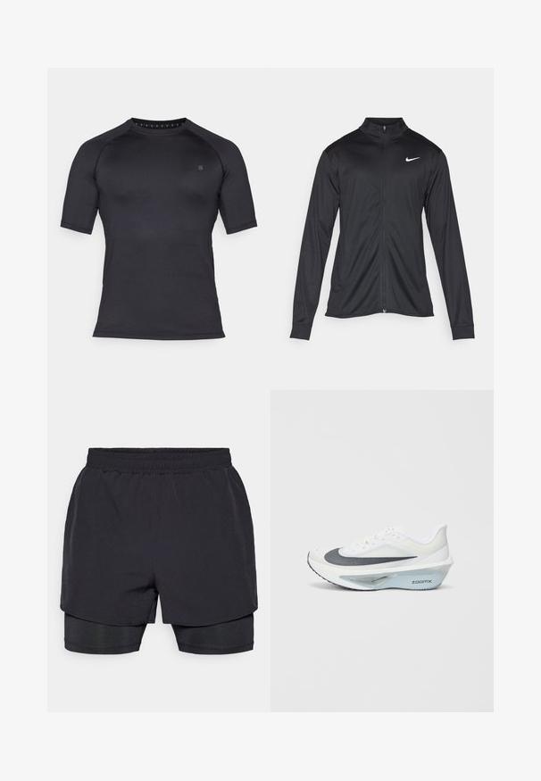 Chaqueta atlética negra con mangas largas, collar y cremallera completa. Presenta un sutil logo de Nike en blanco en la parte superior izquierda del pecho. Textura suave.; Camiseta deportiva de manga corta negra, hecha de una tela suave y elástica. Presenta un escote redondo y un mínimo de marcas en el pecho.; Pantalones cortos deportivos negros con una cinturilla elástica, diseño de capas y un forro interior ajustado. Textura suave, diseñados para la comodidad.; Zapatilla deportiva blanca con parte superior de malla gris, media suela de espuma ZoomX azul y suela curva para una mayor propulsión y comfort.