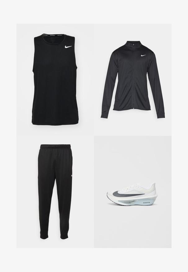 Zwarte sportjack met lange mouwen, kraag en volle rits. Voorzien van een subtiele Nike-logo in het wit op de bovenste linkerborst. Soepele textuur.; Zwart, mouwloos sport tanktop van gladde stof. Heeft een wit Nike-logo aan de bovenlinkerkant. Ronde halslijn met een tagloze ontwerpen.; Zwarte sportbroek gemaakt van gladde stof, met een elastische tailleband, taps toelopende pijpen en een klein wit logo aan de linkerzijde.; Witte sportschoen met een grijs mesh bovenwerk, een blauwe ZoomX foam tussenzool en een gebogen buitenzool voor verbeterde voortstuwing en comfort.