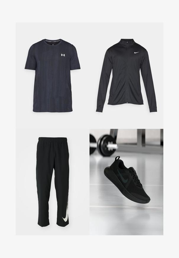 Jacket desportivo preto com mangas longas, colarinho e fecho zip completo. Apresenta um discreto logotipo da Nike em branco na parte superior do lado esquerdo do peito. Textura suave.; T-shirt de manga curta em azul marinho escuro, feito de um tecido respirável, com um padrão texturizado e um logótipo branco da Under Armour no peito.; Calças atléticas pretas com cintura elástica, design afunilado, apresentando um grande logótipo branco da Nike na perna esquerda. Tecido macio e leve.; Ténis desportivo preto com parte superior em malha texturizada, sola de borracha e um destacado logótipo swoosh escuro. Apresenta uma gola acolchoada e design com atacadores.
