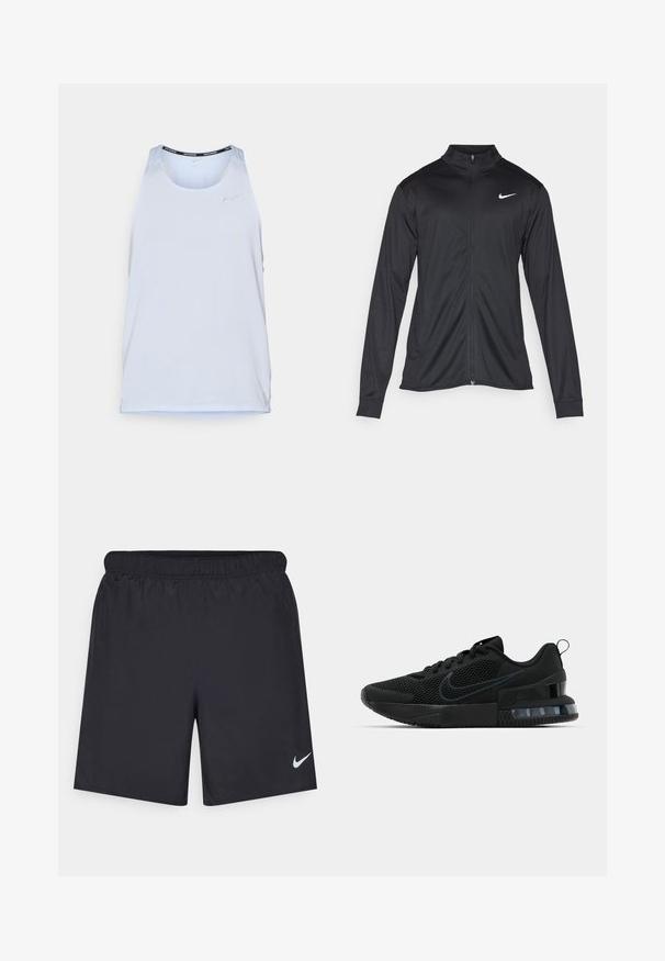 Schwarze Sportjacke mit langen Ärmeln, Kragen und voller Reißverschluss. Verfügt über ein dezentes Nike-Logo in Weiß auf der oberen linken Brust. Glatte Textur.; Hellblaues Sport-Top aus atmungsaktivem, perforiertem Stoff, mit Rundhalsausschnitt und einem schwarzen Akzent entlang des Kragens.; Schwarze sportliche Shorts aus leichtem Material mit einem elastischen Bund. Auf der unteren linken Seite befindet sich ein kleines weißes Nike-Logo.; Schwarzer Nike Sportschuh mit einem Mesh-Obermaterial, gummierter Sohle, gepolstertem Kragen und einem auffälligen transparenten Fersenakzent.